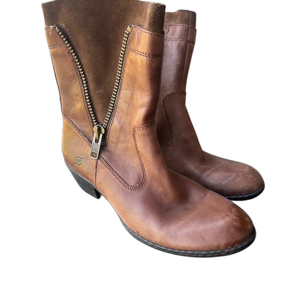Born Brown Leather Ankle Boots with Zipper